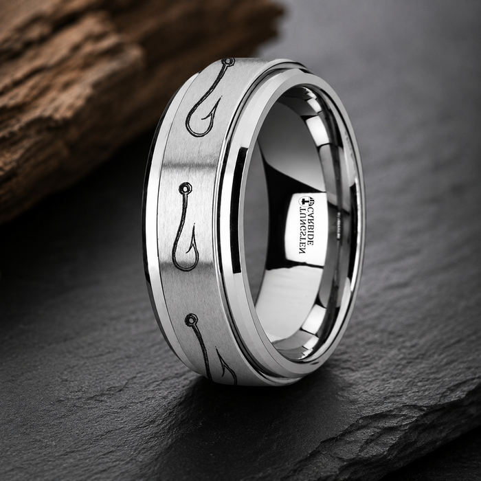The Hooked Fishing Hook Engraved Tungsten Carbide Spinner Men's Ring 8mm