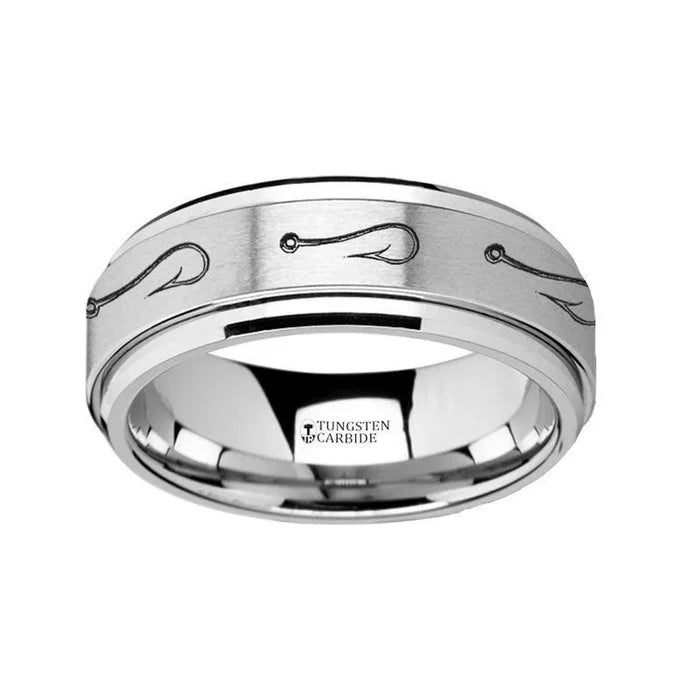 The Hooked Fishing Hook Engraved Tungsten Carbide Spinner Men's Ring 8mm