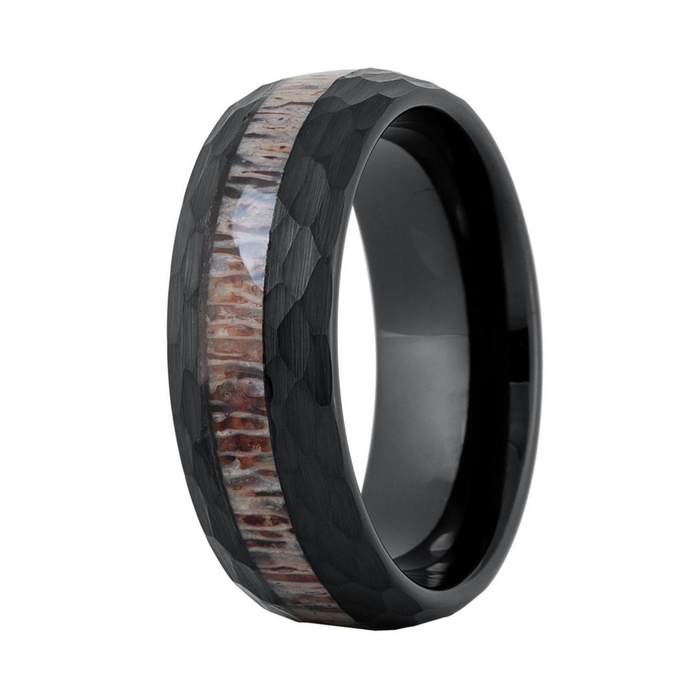 The Hunter Black Hammered Tungsten Ring with Deer Antler Inlay Center 8mm