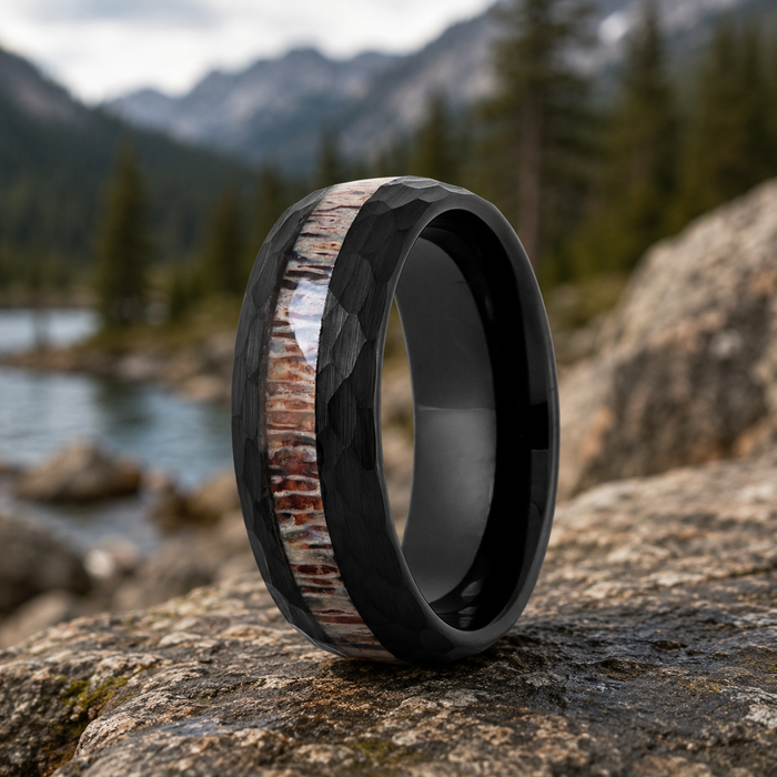 The Hunter Black Hammered Tungsten Ring with Deer Antler Inlay Center 8mm