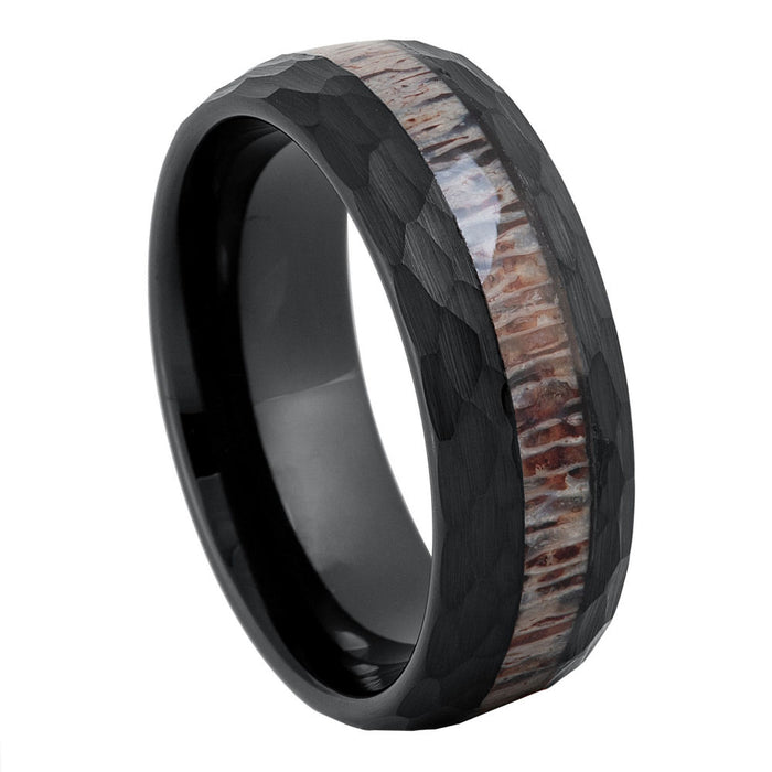 The Hunter Black Hammered Tungsten Ring with Deer Antler Inlay Center 8mm