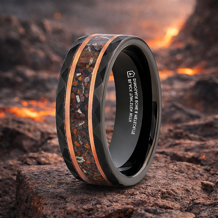 The Inferno Black/Rose Hammered Tungsten Ring Dinosaur Bones and Meteorite 8mm