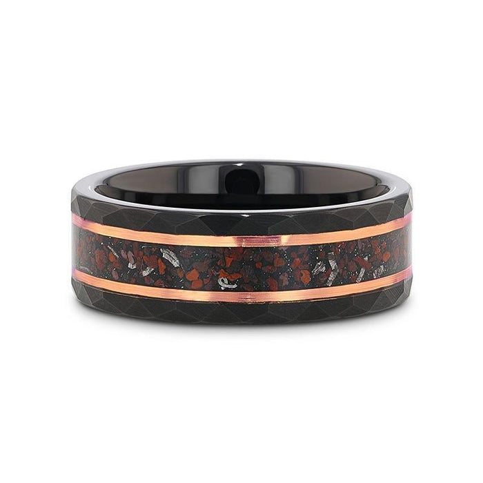 The Inferno Black/Rose Hammered Tungsten Ring Dinosaur Bones and Meteorite 8mm