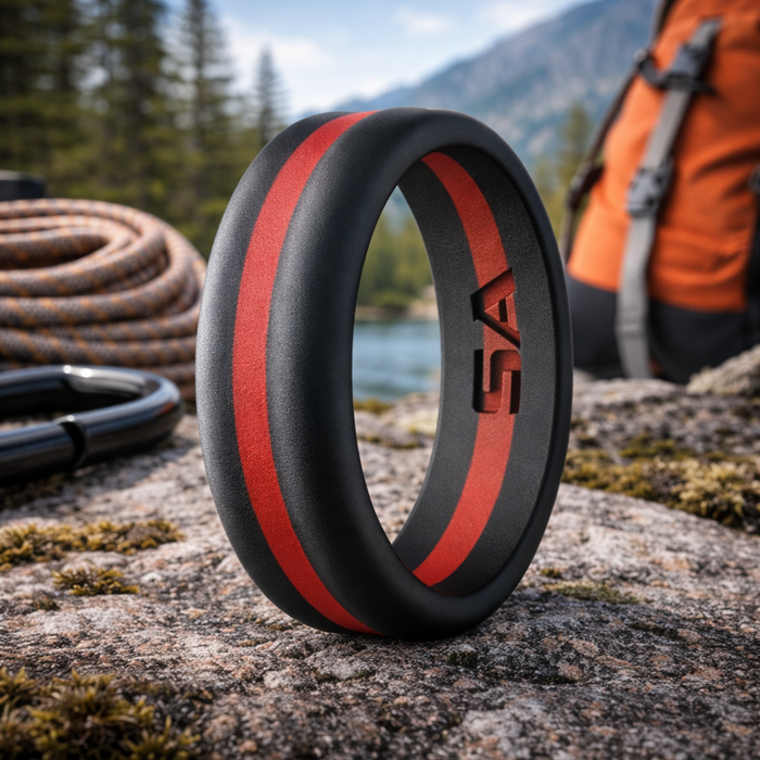 The Inferno Silicone Men's Ring in Black and Red Center with Rounded Edges