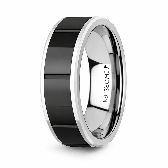 The Konstantine Watch Band Style Tungsten Ring With Black Ceramic Inlay  8mm