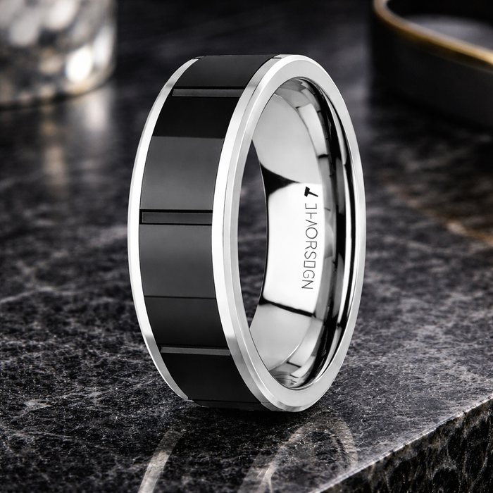 The Konstantine Watch Band Style Tungsten Ring With Black Ceramic Inlay  8mm
