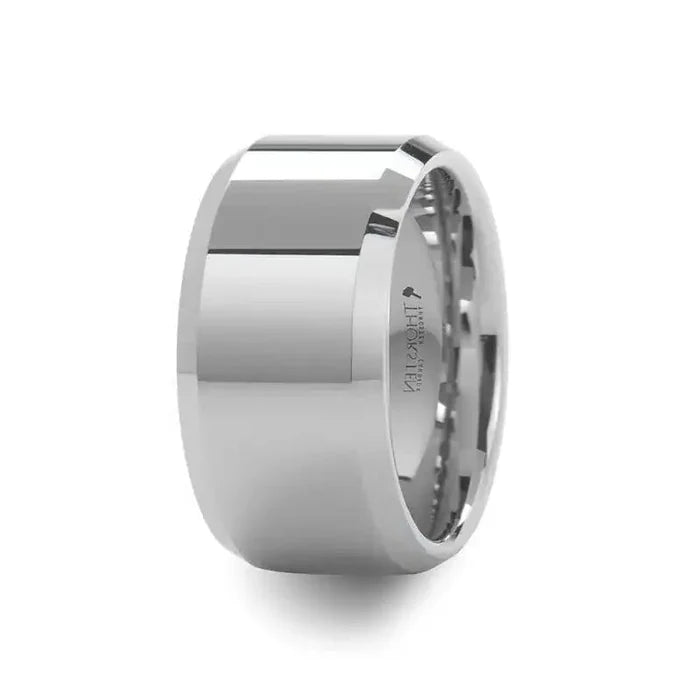 The Lichfield White Tungsten Wedding Band with Beveled Edges and Polished Finish 12mm