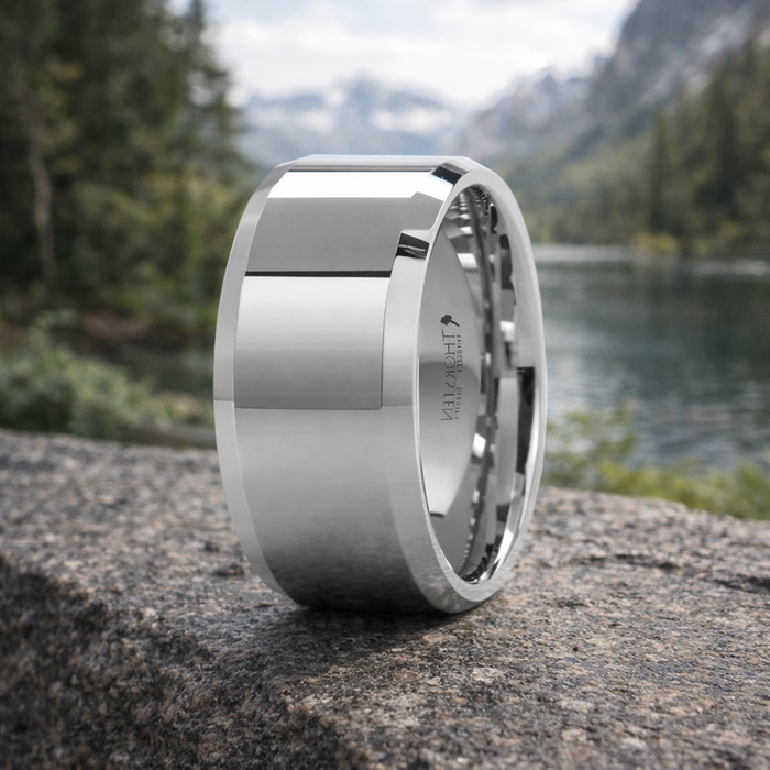 The Lichfield White Tungsten Wedding Band with Beveled Edges and Polished Finish 12mm