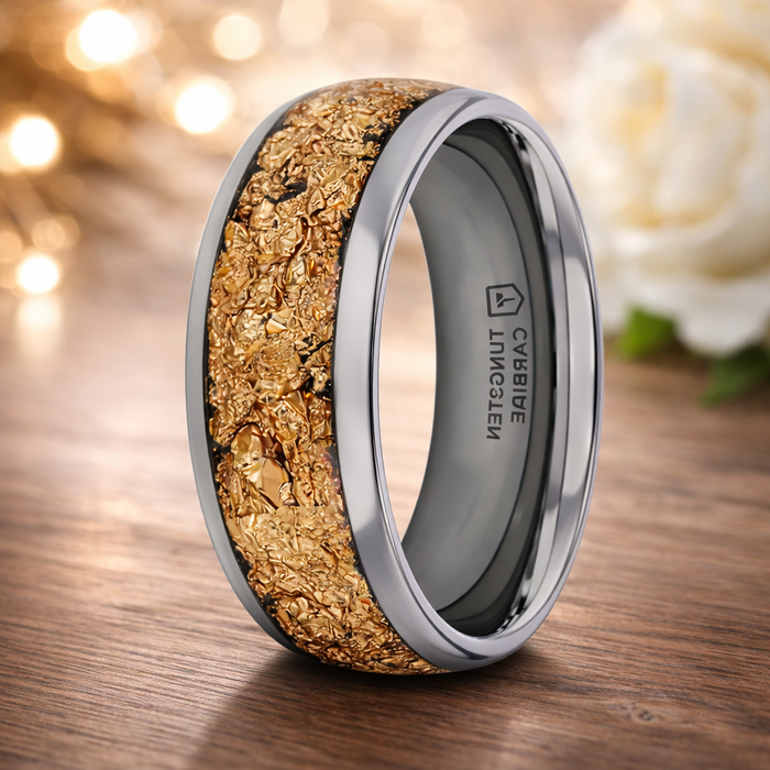 The Luxe Tungsten and Decorative Gold Flakes Inlay 8mm