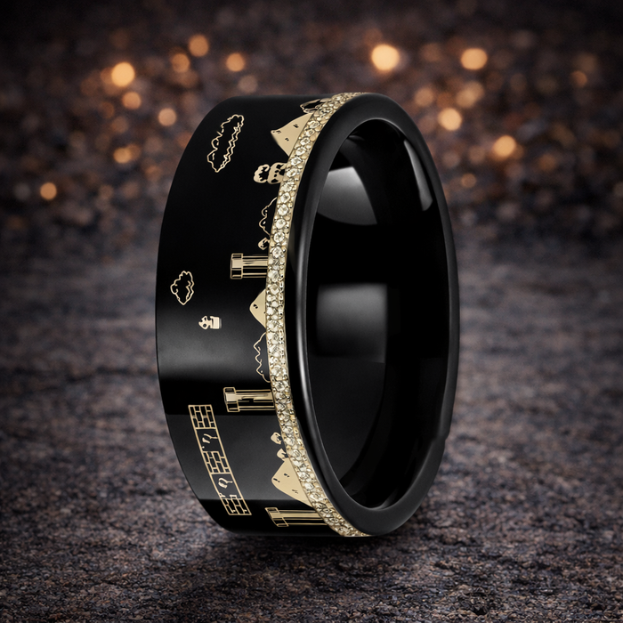 The Mario Engraved Super Mario Bros Pixel Level Game Black Tungsten Ring 8mm