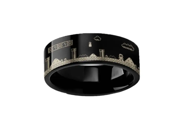 The Mario Engraved Super Mario Bros Pixel Level Game Black Tungsten Ring 8mm