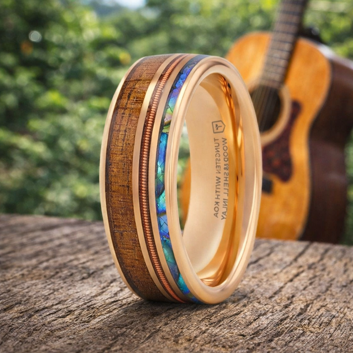 The Moana Rose Gold Tungsten Ring Hawaiian Koa Wood Abalone & Guitar String 8mm