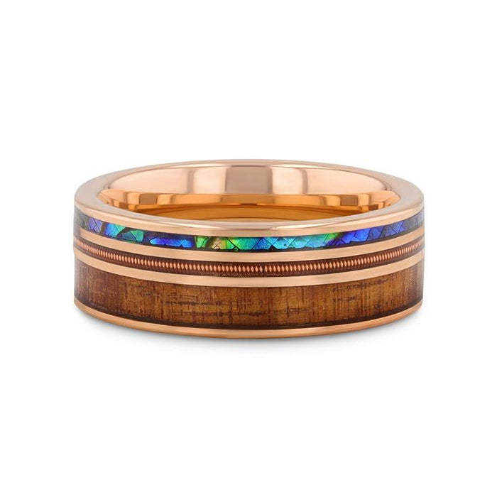 The Moana Rose Gold Tungsten Ring Hawaiian Koa Wood Abalone & Guitar String 8mm