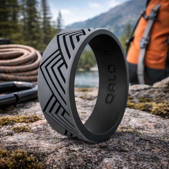 The Mountain Strata 9mm Qalo Black and Gray Mountain Scape Premium Silicone Band