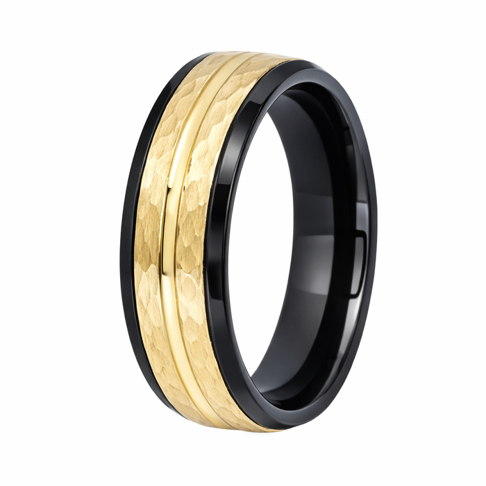 The Nightforge Black Tungsten with Gold IP Hammered Center and Stepped Edge-8mm