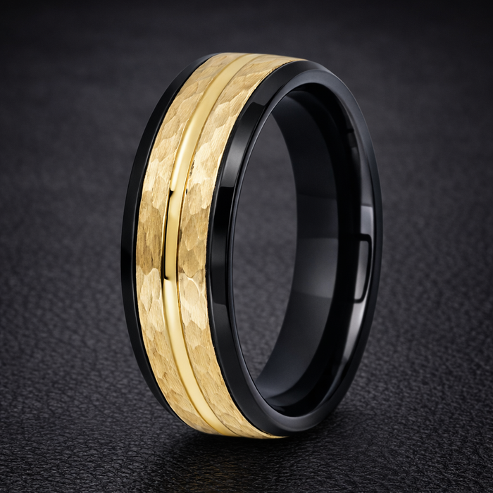 The Nightforge Black Tungsten with Gold IP Hammered Center and Stepped Edge-8mm
