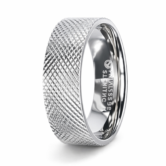 The Noble Silver Cross-Hatched Finish Flat Style Wedding Band 8mm