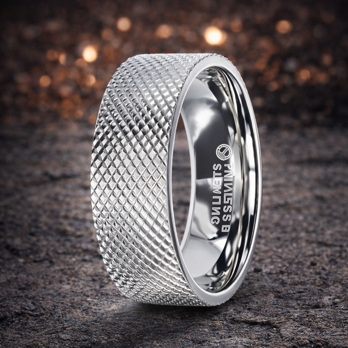 The Noble Silver Cross-Hatched Finish Flat Style Wedding Band 8mm