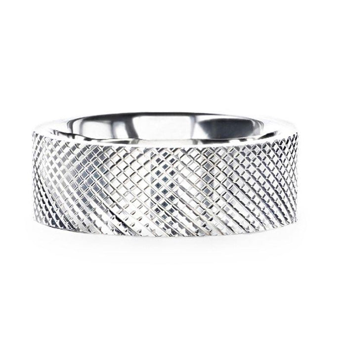 The Noble Silver Cross-Hatched Finish Flat Style Wedding Band 8mm