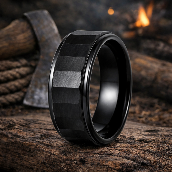 The Northern Edge Black IP Plated Black IP Carved Chiseled Tungsten Ring – 8mm