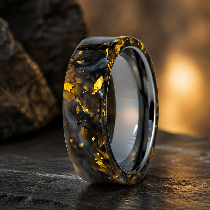 The Obsidian Ember Tungsten Black & Gold Foil Resin Inlay Ring – 8mm