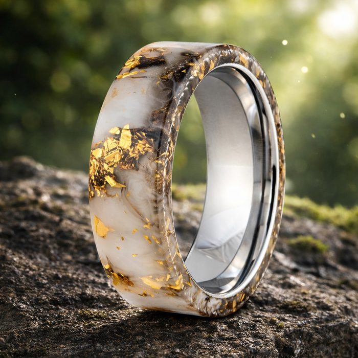 The Obsidian Ember Tungsten Black & Gold Foil Resin Inlay Ring – 8mm