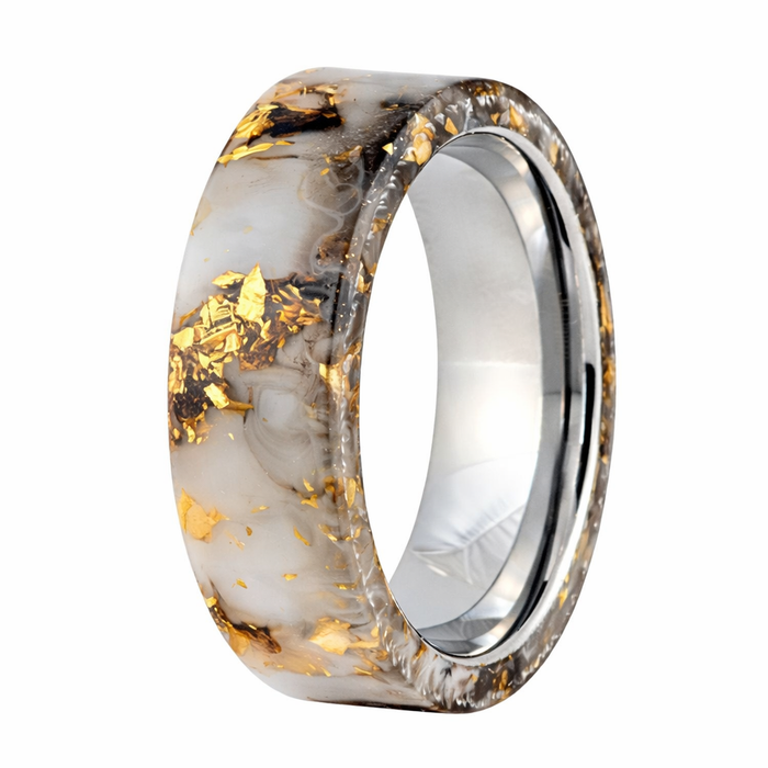 The Obsidian Ember Tungsten Black & Gold Foil Resin Inlay Ring – 8mm