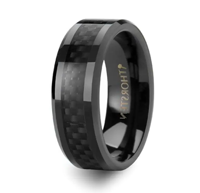 The Onyx Black Carbon Fiber Inlaid Black Ceramic Wedding Band 6mm or 8mm