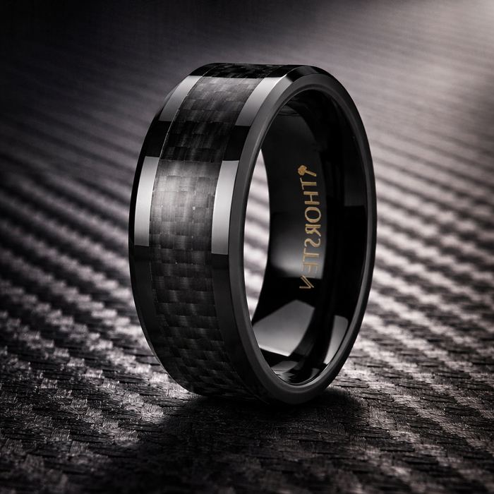 The Onyx Black Carbon Fiber Inlaid Black Ceramic Wedding Band 6mm or 8mm