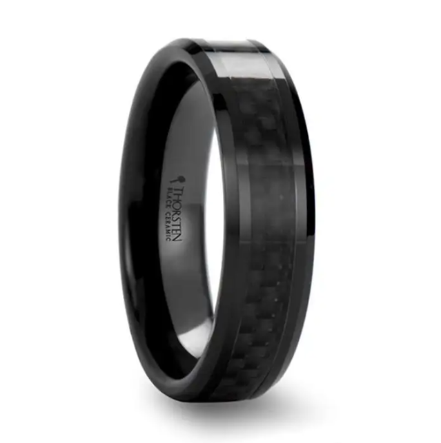 The Onyx Black Carbon Fiber Inlaid Black Ceramic Wedding Band 6mm or 8mm