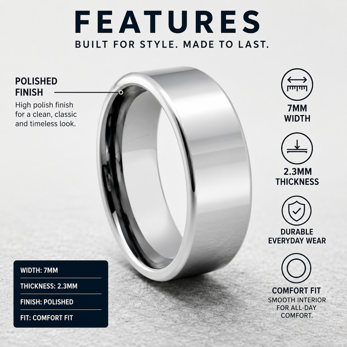 The Reflector Men's Tungsten Flat Profile Polished Ring 7mm