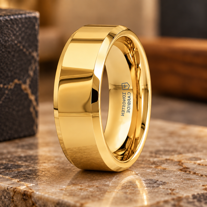 The Rhodes Gold-Plated Polished Beveled Tungsten Carbide Men's Ring 6mm or 8mm