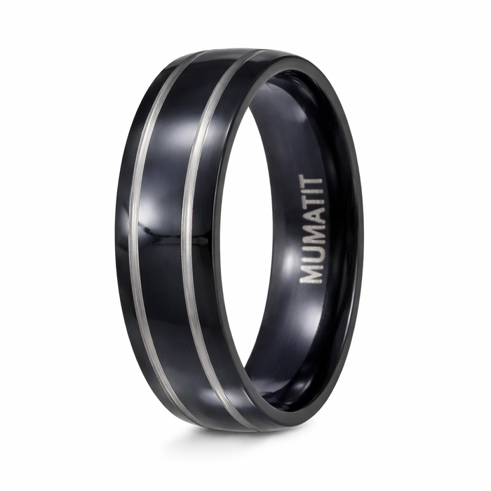 The Rift Men's Black Titanium Band with Silver Bands and Polished Finish | 7mm