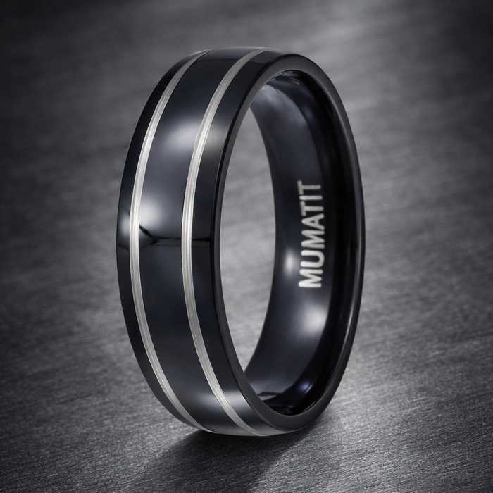 The Rift Men's Black Titanium Band with Silver Bands and Polished Finish | 7mm