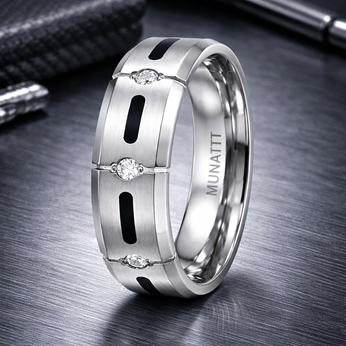 The Rivet Men's Titanium Wedding Ring with Black Resin and 4 CZs | 7mm