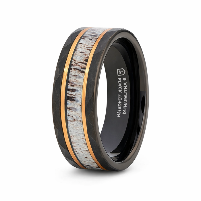 The Rustic Black Tungsten Rose Hammered Ring with Antler Inlay 8mm