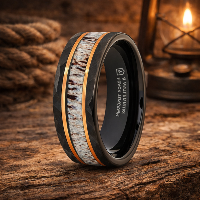 The Rustic Black Tungsten Rose Hammered Ring with Antler Inlay 8mm