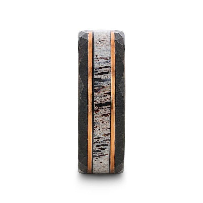 The Rustic Black Tungsten Rose Hammered Ring with Antler Inlay 8mm