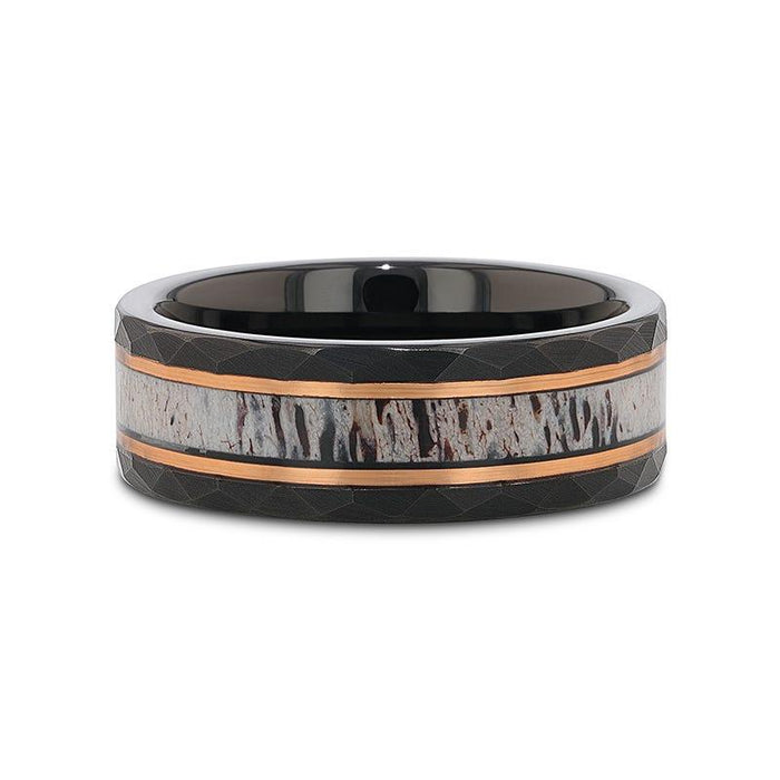 The Rustic Black Tungsten Rose Hammered Ring with Antler Inlay 8mm