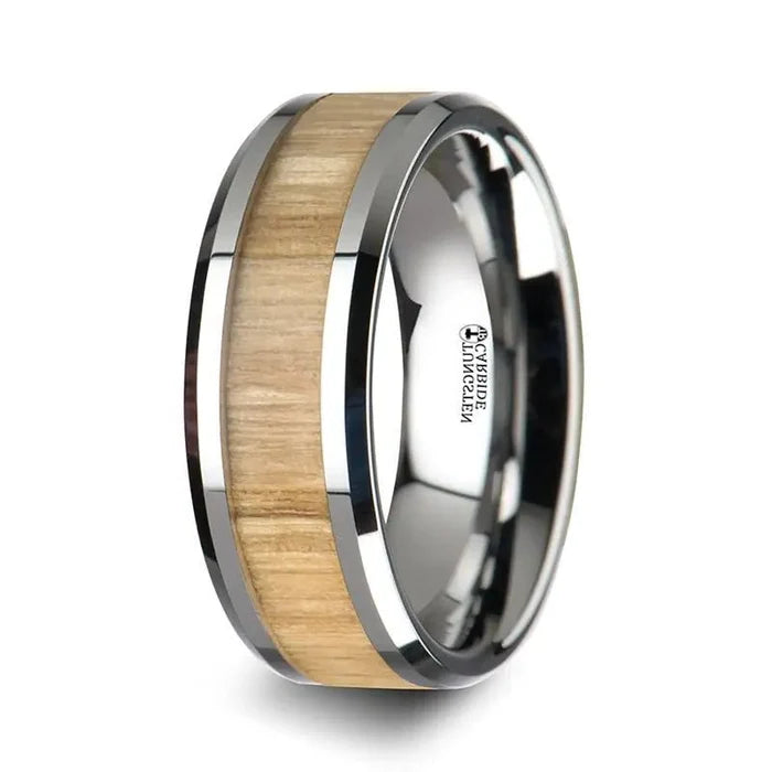 The Samra Tungsten Ring with Polished Bevels and Real Wood Ash Wood Inlay 8mm