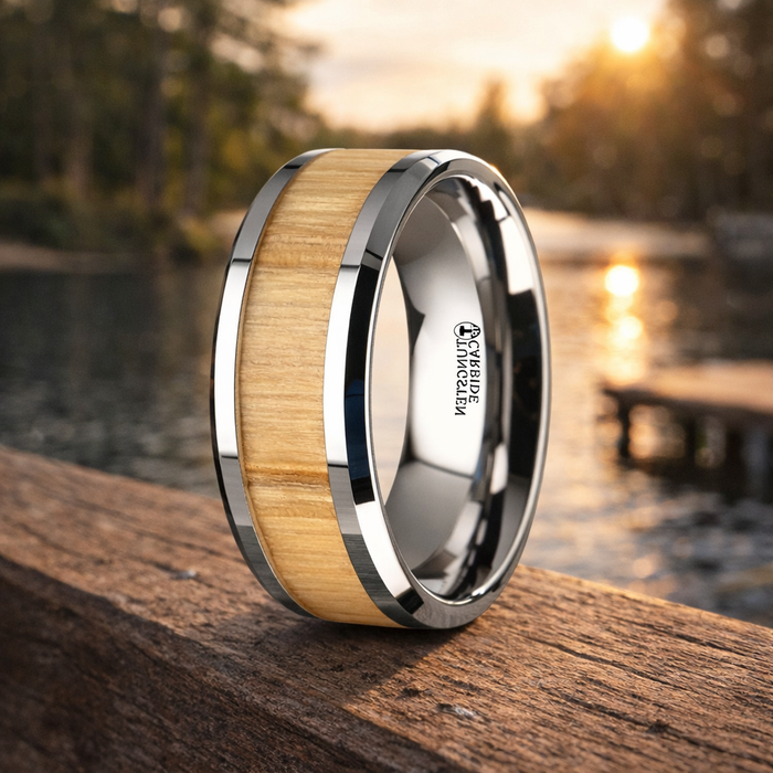 The Samra Tungsten Ring with Polished Bevels and Real Wood Ash Wood Inlay 8mm