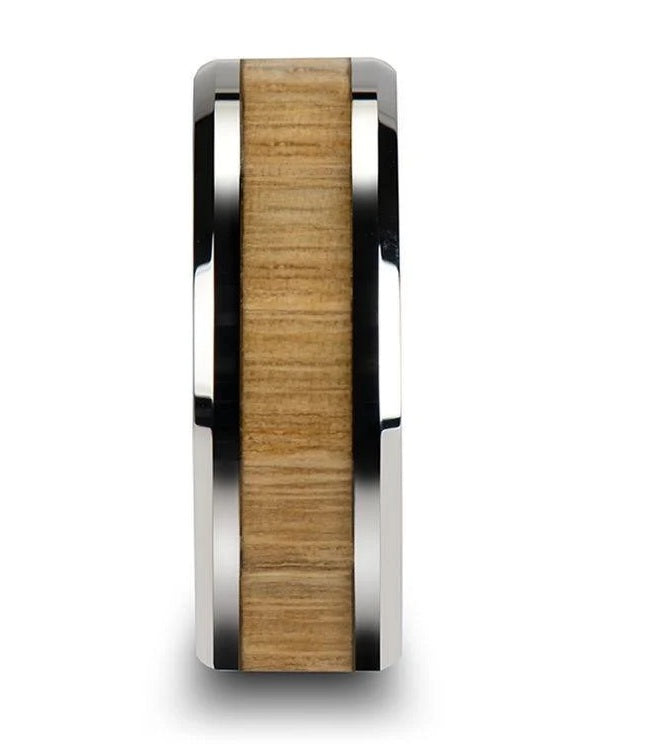 The Samra Tungsten Ring with Polished Bevels and Real Wood Ash Wood Inlay 8mm
