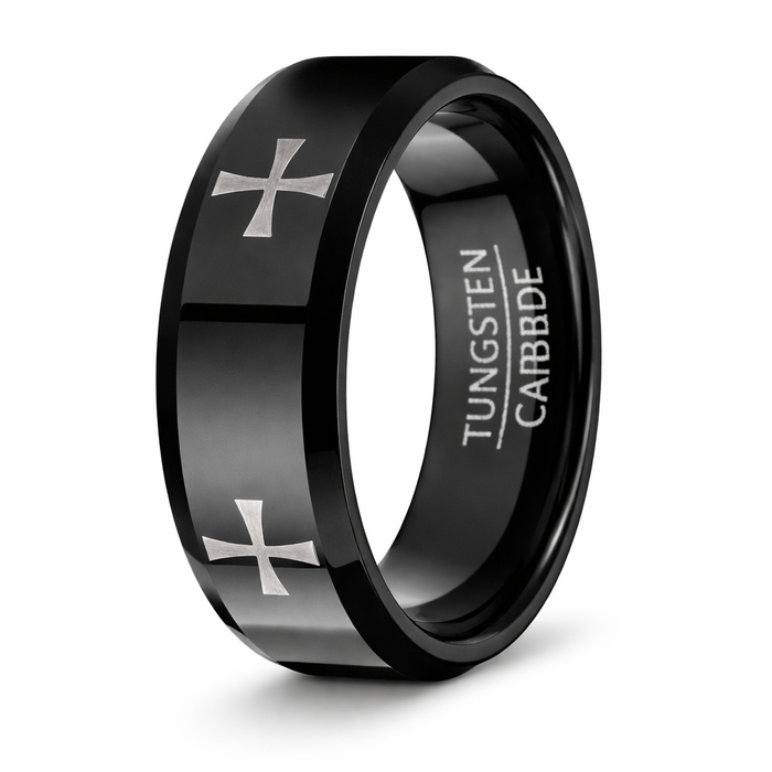 The Sanctum Men's Black Tungsten Ring with Lasered Cross Design | 8mm