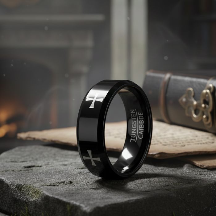 The Sanctum Men's Black Tungsten Ring with Lasered Cross Design | 8mm