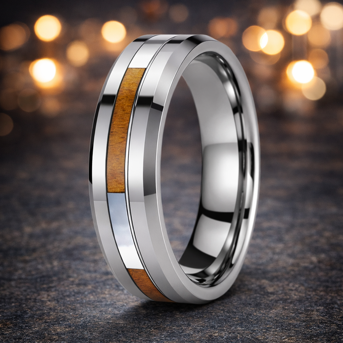 The Seabright Beveled Edge Tungsten Ring with Shell Inlay -6mm