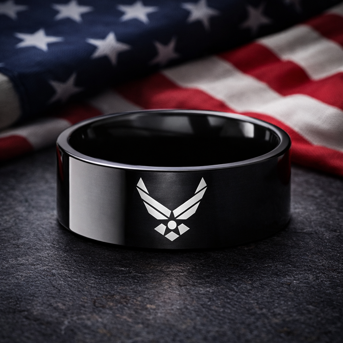 The Service Military Symbol Logo Engraving Flat Polished Black Tungsten Ring 8mm