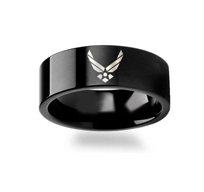 The Service Military Symbol Logo Engraving Flat Polished Black Tungsten Ring 8mm