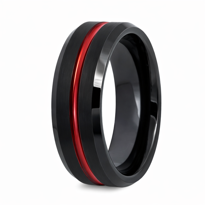 The Shadowflare Tungsten Black Brushed Bevel Edge Ring with Red Polished Line-8mm