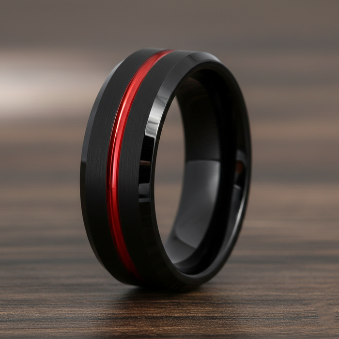 The Shadowflare Tungsten Black Brushed Bevel Edge Ring with Red Polished Line-8mm