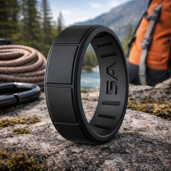 The Slate Beveled Profile Block Design Center Silicone Men's Ring in Black 8mm